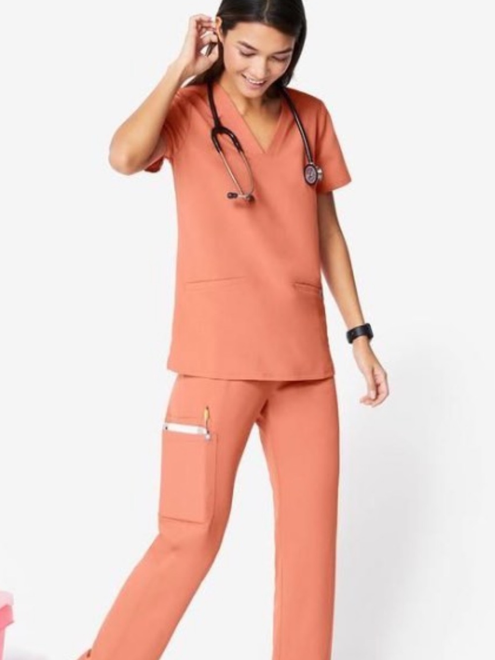 Figs Casma Large Top & Yola Medium Tall pants in Coral